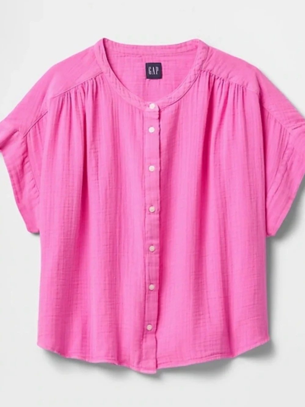 GAP Cotton Gauze Dolman Shirt Bright Pink Button-Front Short Sleeve M New